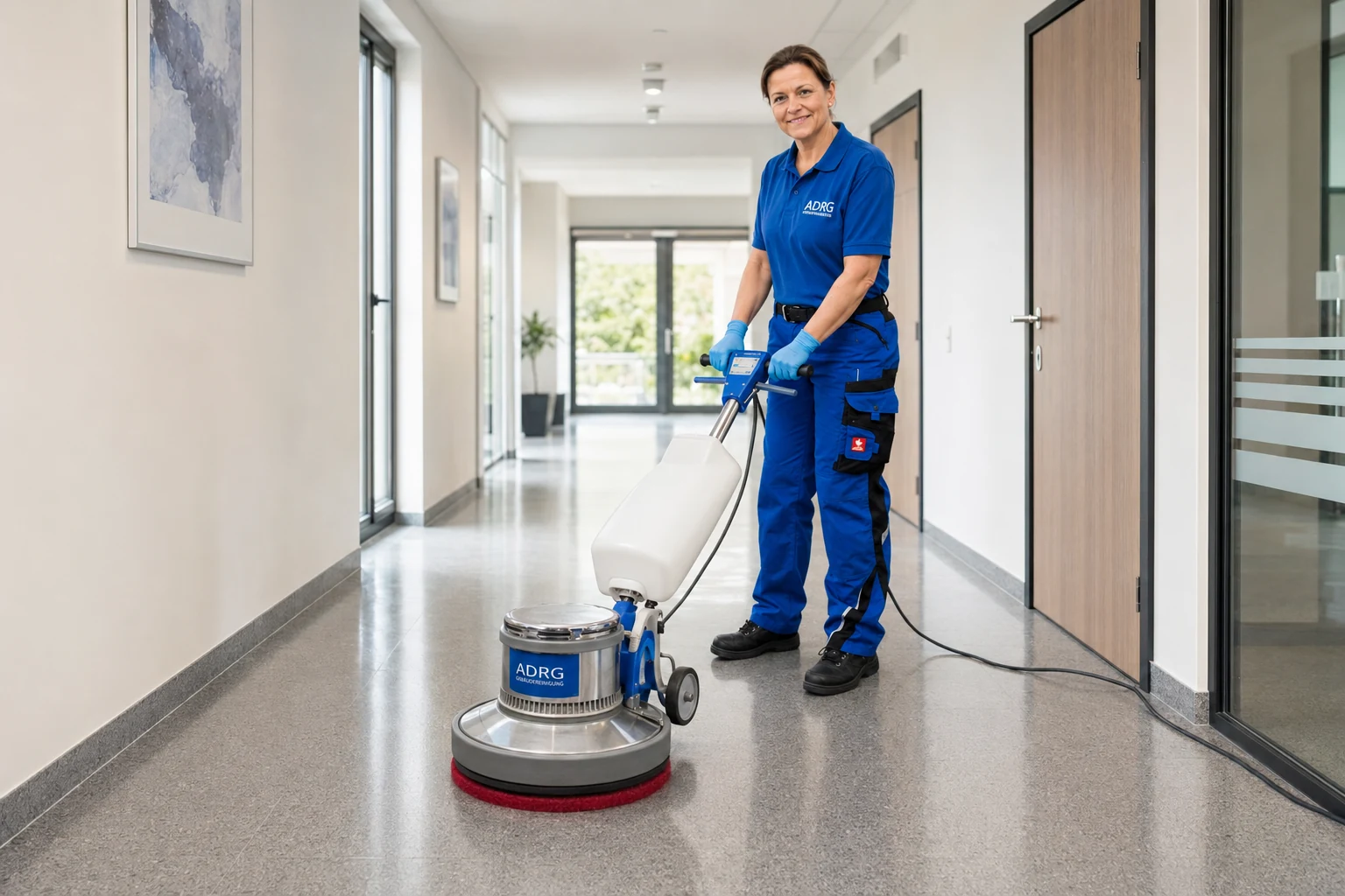 Professionelle Bodenpflege im Klinikflur ADRG Mitarbeiterin poliert den Boden eines Klinikflurs