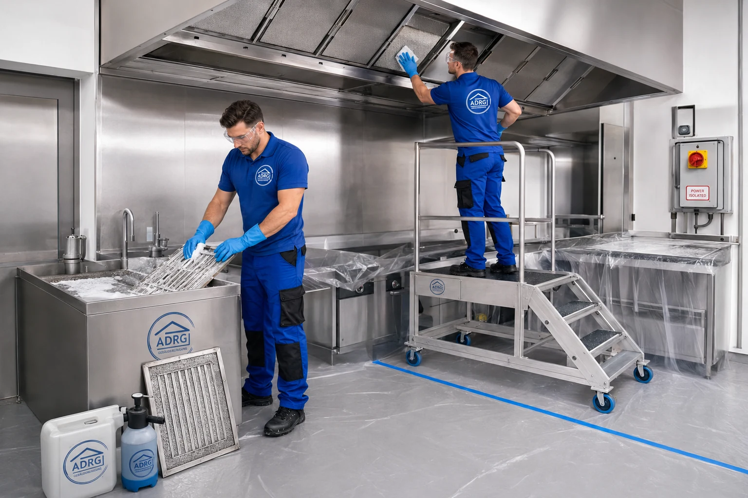 Küchenhaubenreinigung ADRG Team bei der Reinigung einer gewerblichen Küchenabzugshaube
