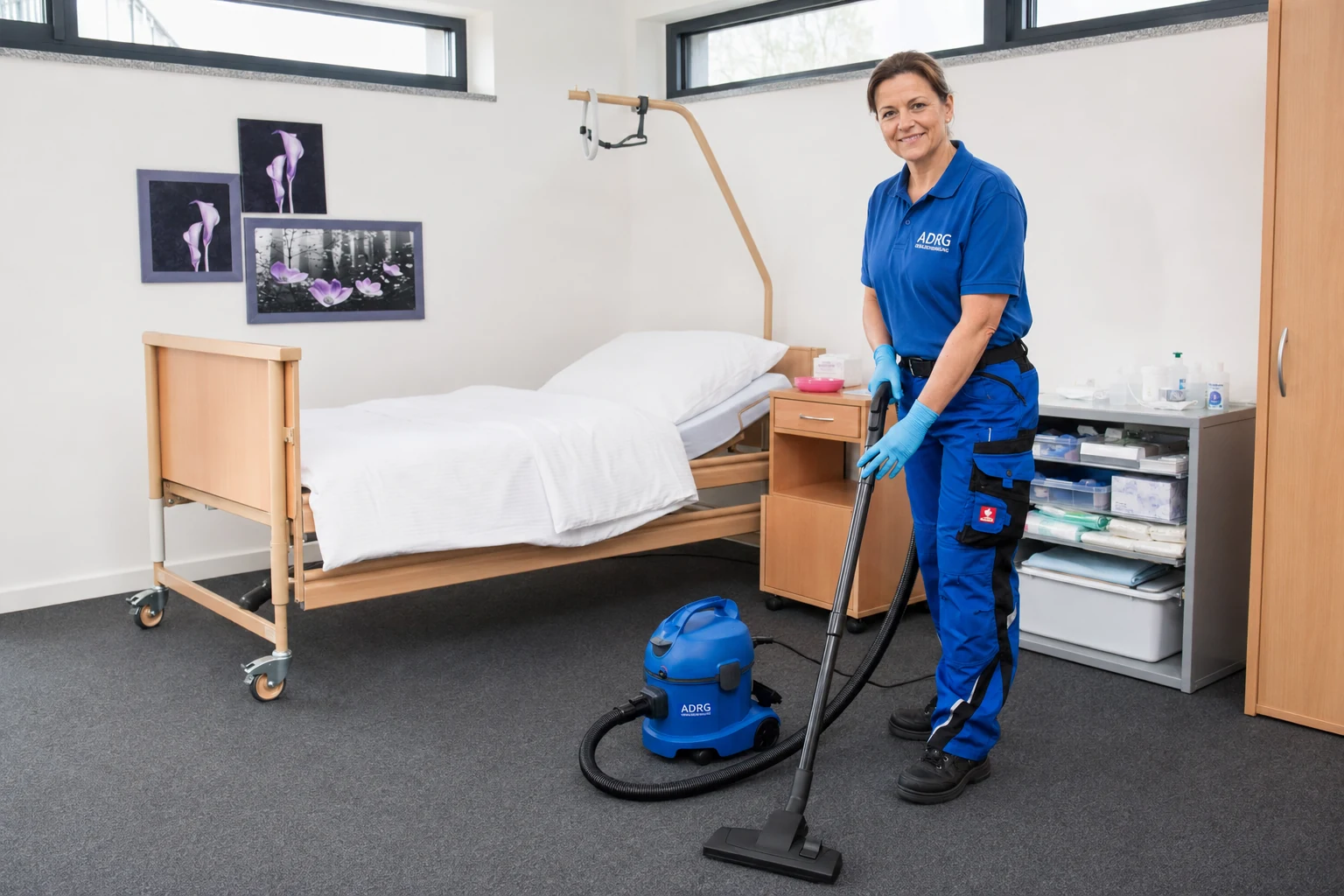Staubsaugen im Patientenzimmer ADRG Mitarbeiterin saugt den Boden eines Patientenzimmers